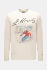 MC2 Saint Barth Rundhals-Pullover 'Heron Print' creme/multicolor, Frontansicht, Slim Fit, weicher Griff, Intarsienstrick, Rippbündchen, Logo-Stitching, Materialmix aus Cashmere, Wolle, Viskose, Microfaser.
