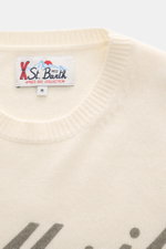 MC2 Saint Barth Rundhals-Pullover 'Heron Print' creme/multicolor, Detailansicht von oben, Mix aus Cashmere, Wolle, Viskose, Microfaser, weicher Griff, mittelfeines Strickbild, Intarsienstrick, Slim Fit, Rundhalsausschnitt, Ärmel mit Logo-Stitching, Rippbü