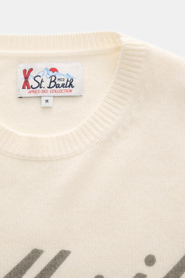 MC2 Saint Barth Rundhals-Pullover 'Heron Print' creme/multicolor, Detailansicht von oben, Mix aus Cashmere, Wolle, Viskose, Microfaser, weicher Griff, mittelfeines Strickbild, Intarsienstrick, Slim Fit, Rundhalsausschnitt, Ärmel mit Logo-Stitching, Rippbü