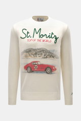 Front view of MC2 Saint Barth Crew Neck Sweater 'Heron Print' cream/multicolor, slim fit with crew neckline, soft mix of cashmere, wool, viscose, microfiber, medium-fine knit, striking front print, sleeve cuffs with logo stitching, comfortable ribbed cuff