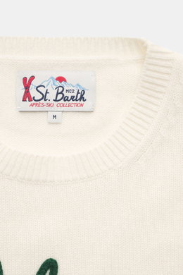 Close-up front view of MC2 Saint Barth Crew Neck Sweater 'Heron Print' cream/multicolor showing crew neckline, medium-fine knit pattern, and logo stitching on soft ribbed cuffs. Mix of cashmere, wool, viscose, and microfiber for a soft feel, slim fit, and
