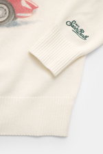 Close-up front-side view of MC2 Saint Barth Crew Neck Sweater 'Heron Print' cream/multicolor showing sleeve cuff with logo stitching, medium-fine knit pattern, ribbed cuffs, slim fit, soft feel, mix of cashmere, wool, viscose, and microfiber, crew necklin