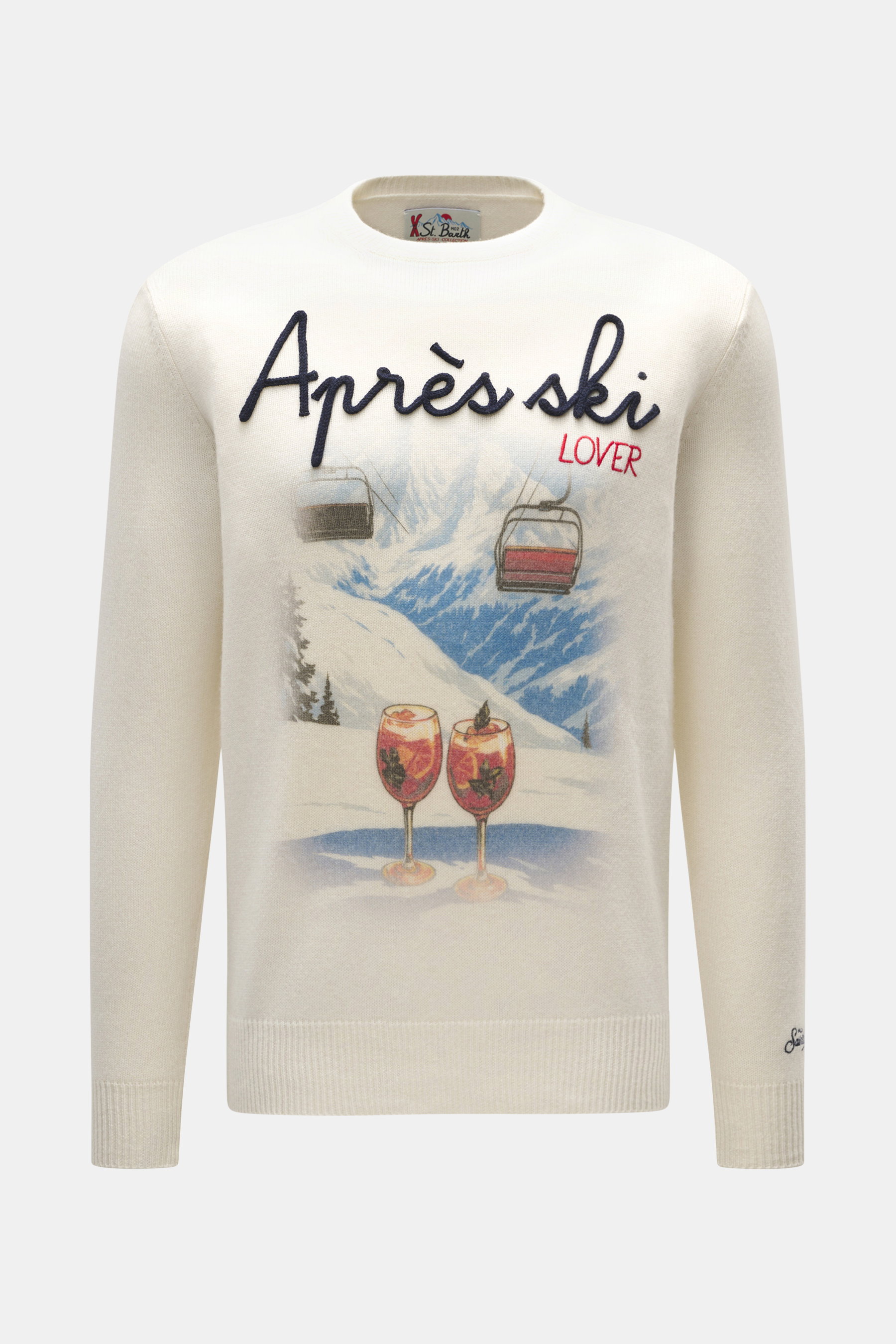 MC2 Saint Barth Rundhals-Pullover 'Heron Print' creme/multicolor, frontal fotografiert, Slim Fit, weicher Griff, mittelfeines Strickbild, Rundhalsausschnitt, plakativer Print, Ärmel mit Logo-Stitching, Rippbündchen, Mix aus Cashmere, Wolle, Viskose, Micro