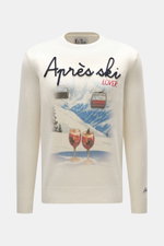 Front view of MC2 Saint Barth Crew Neck Sweater 'Heron Print' cream/multicolor, slim fit with crew neckline, medium-fine knit pattern, soft mix of cashmere, wool, viscose, microfiber, ribbed cuffs, sleeve cuffs with logo stitching, and a striking front pr