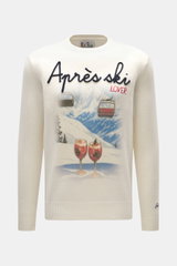 Front view of MC2 Saint Barth Crew Neck Sweater 'Heron Print' cream/multicolor, slim fit with crew neckline, medium-fine knit pattern, soft mix of cashmere, wool, viscose, microfiber, ribbed cuffs, sleeve cuffs with logo stitching, and a striking front pr