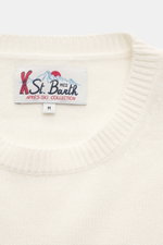 Close-up front view of the MC2 Saint Barth Crew Neck Sweater 'Heron Print' cream/multicolor showing crew neckline and ribbed cuffs, made from a mix of cashmere, wool, viscose, and microfiber, with a soft feel, medium-fine knit pattern, slim fit, striking 