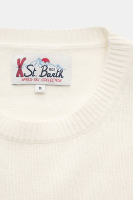Close-up front view of the MC2 Saint Barth Crew Neck Sweater 'Heron Print' cream/multicolor showing crew neckline and ribbed cuffs, made from a mix of cashmere, wool, viscose, and microfiber, with a soft feel, medium-fine knit pattern, slim fit, striking 