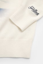 Close-up detail of the sleeve cuff of the MC2 Saint Barth Crew Neck Sweater 'Heron Print' cream/multicolor, photographed from above, showing a slim fit, medium-fine knit pattern, soft feel mix of cashmere, wool, viscose, and microfiber, with a crew neckli