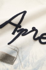 Close-up front view of the MC2 Saint Barth Crew Neck Sweater 'Heron Print' cream/multicolor, showing soft medium-fine knit pattern, striking front print, mix of cashmere, wool, viscose, microfiber, slim fit, crew neckline, and ribbed sleeve cuffs with log