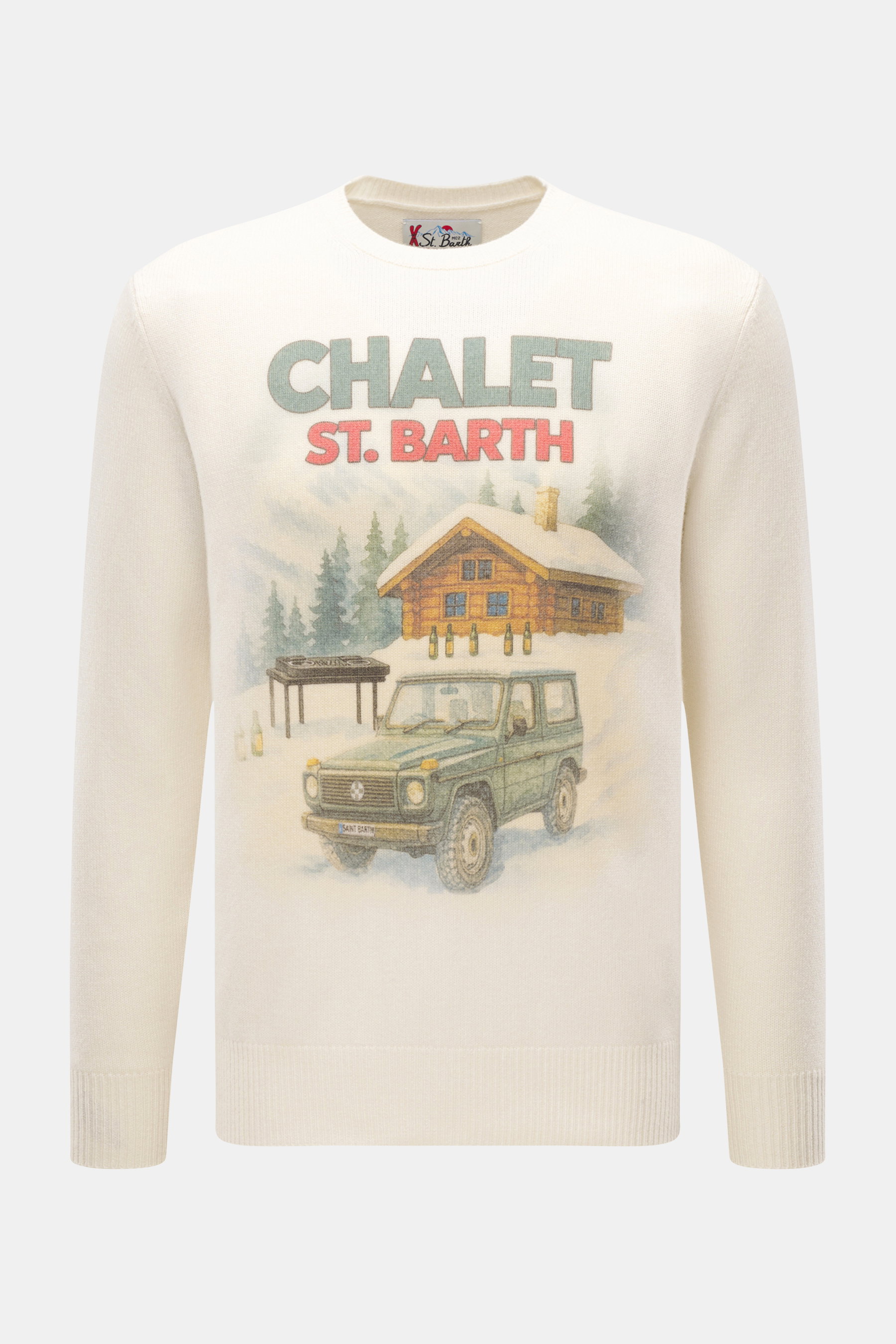 MC2 Saint Barth Rundhals-Pullover 'Heron Print' creme/multicolor, frontale Ansicht, Slim Fit, Mix aus Cashmere, Wolle, Viskose, Microfaser, weicher Griff, mittelfeines Strickbild, Intarsienstrick, Rundhalsausschnitt, Ärmel mit Logo-Stitching, Rippbündchen