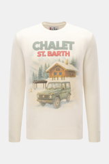 MC2 Saint Barth Rundhals-Pullover 'Heron Print' creme/multicolor, frontale Ansicht, Slim Fit, Mix aus Cashmere, Wolle, Viskose, Microfaser, weicher Griff, mittelfeines Strickbild, Intarsienstrick, Rundhalsausschnitt, Ärmel mit Logo-Stitching, Rippbündchen