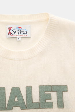 MC2 Saint Barth Rundhals-Pullover 'Heron Print' creme/multicolor, Detailansicht von oben, Mix aus Cashmere, Wolle, Viskose, Microfaser, weicher Griff, mittelfeines Strickbild, Intarsienstrick, Slim Fit, Rundhalsausschnitt, Ärmel mit Logo-Stitching, Rippbü