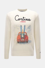 MC2 Saint Barth Rundhals-Pullover 'Heron Print' creme/multicolor, frontal, Slim Fit, weicher Griff, mittelfeines Strickbild, Rundhalsausschnitt, Print, Rippbündchen, Logo-Stitching, Mix aus Cashmere, Wolle, Viskose, Microfaser.