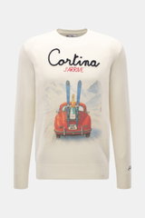MC2 Saint Barth Rundhals-Pullover 'Heron Print' creme/multicolor, frontal, Slim Fit, weicher Griff, mittelfeines Strickbild, Rundhalsausschnitt, Print, Rippbündchen, Logo-Stitching, Mix aus Cashmere, Wolle, Viskose, Microfaser.