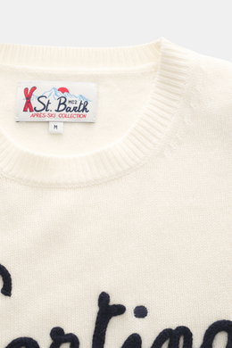 Nahaufnahme des MC2 Saint Barth Rundhals-Pullovers 'Heron Print' creme/multicolor mit weichem Griff, mittelfeinem Strickbild, Slim Fit, Rundhalsausschnitt und Logo-Stitching am Ärmelabschluss. Mix aus Cashmere, Wolle, Viskose und Microfaser, komfortable R