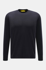 Front view of B.F. Knitwear Merino Crew Neck Sweater navy, made of pure merino wool, soft feel, fine knit pattern, regular fit, crew neckline, comfortable ribbed cuffs.