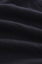 Close-up view of B.F. Knitwear Merino Crew Neck Sweater navy fabric showing pure merino wool, soft feel, fine knit pattern, regular fit, crew neckline, and comfortable ribbed cuffs.