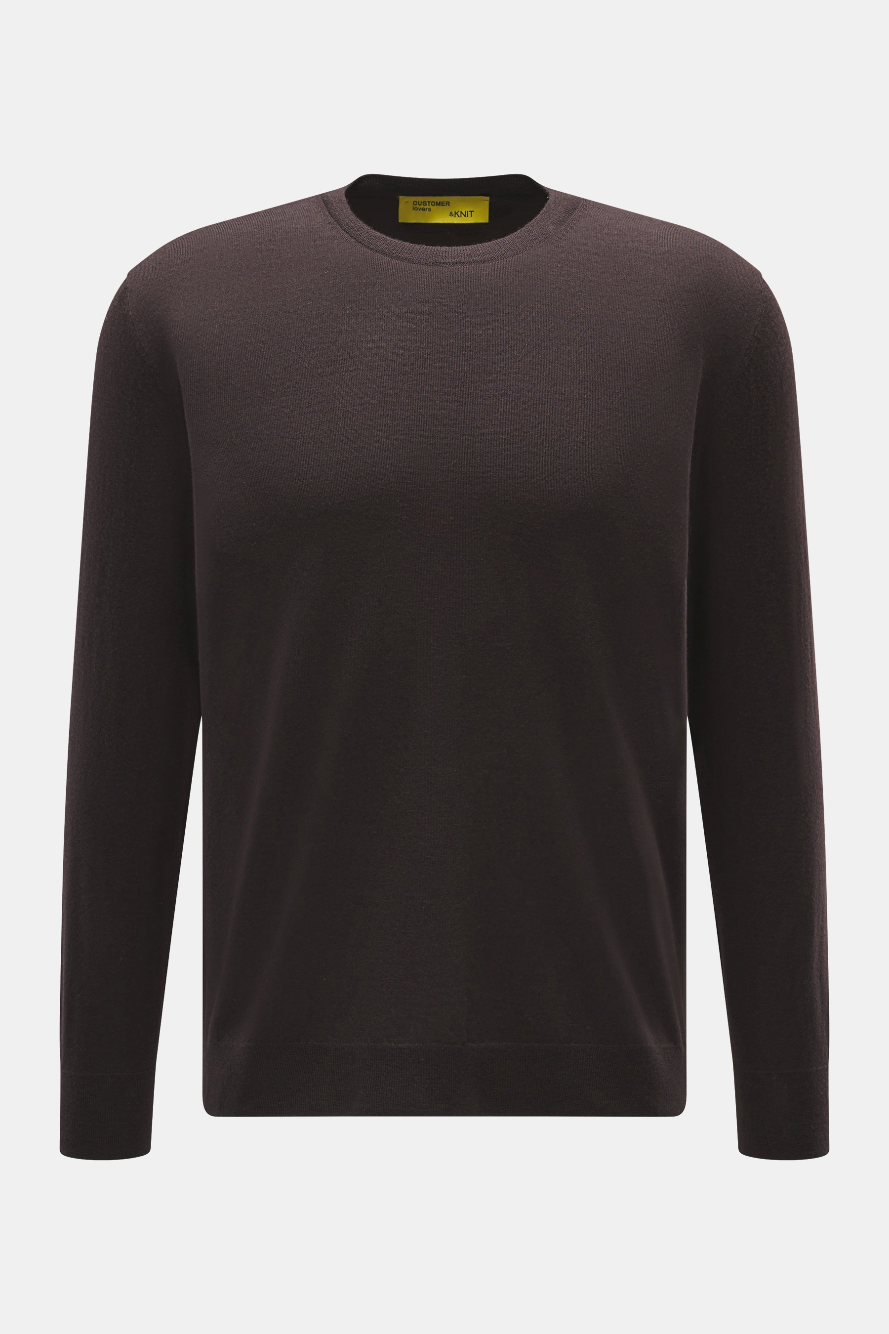 B.F. Knitwear Merino Rundhalspullover dunkelviolett, Frontansicht, reine Merinowolle, weicher Griff, feines Strickbild, Regular Fit, Rundhalsausschnitt, Rippstrick-Bündchen
