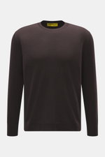 Front view of B.F. Knitwear Merino Crew Neck Sweater dark violet, made of pure merino wool, soft feel, fine knit pattern, regular fit, crew neckline, and comfortable ribbed cuffs.