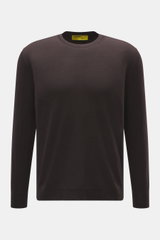 Front view of B.F. Knitwear Merino Crew Neck Sweater dark violet, made of pure merino wool, soft feel, fine knit pattern, regular fit, crew neckline, and comfortable ribbed cuffs.