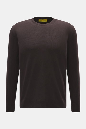 B.F. Knitwear Merino Rundhalspullover dunkelviolett, Frontansicht, reine Merinowolle, weicher Griff, feines Strickbild, Regular Fit, Rundhalsausschnitt, Rippstrick-Bündchen