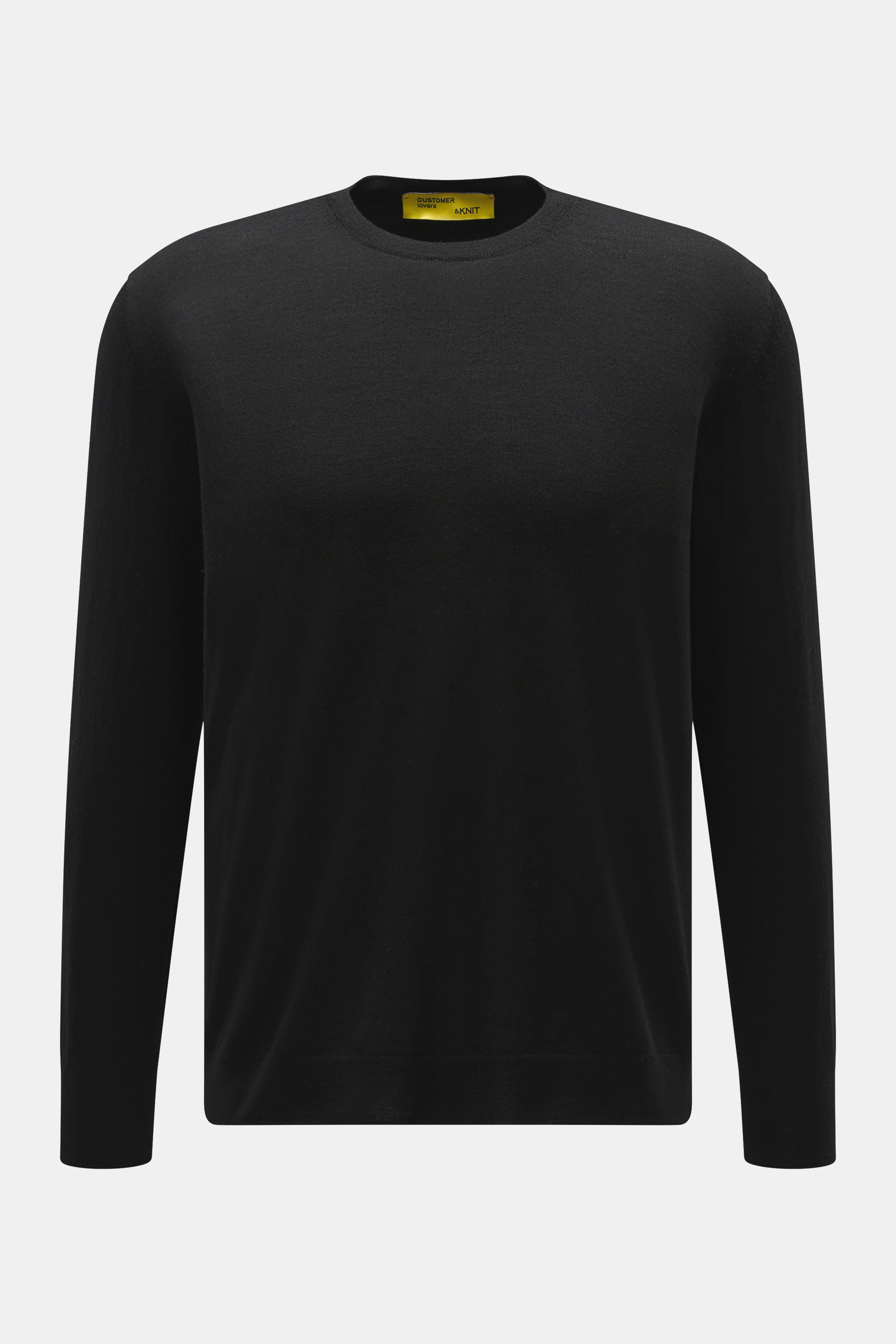 B.F. Knitwear Merino Rundhalspullover schwarz, Frontansicht, reine Merinowolle, weicher Griff, feines Strickbild, Regular Fit, Rundhalsausschnitt, komfortable Rippstrick-Bündchen