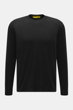 Front view of B.F. Knitwear Merino Crew Neck Sweater black, made of pure merino wool with a soft feel, fine knit pattern, regular fit, crew neckline, and comfortable ribbed cuffs.