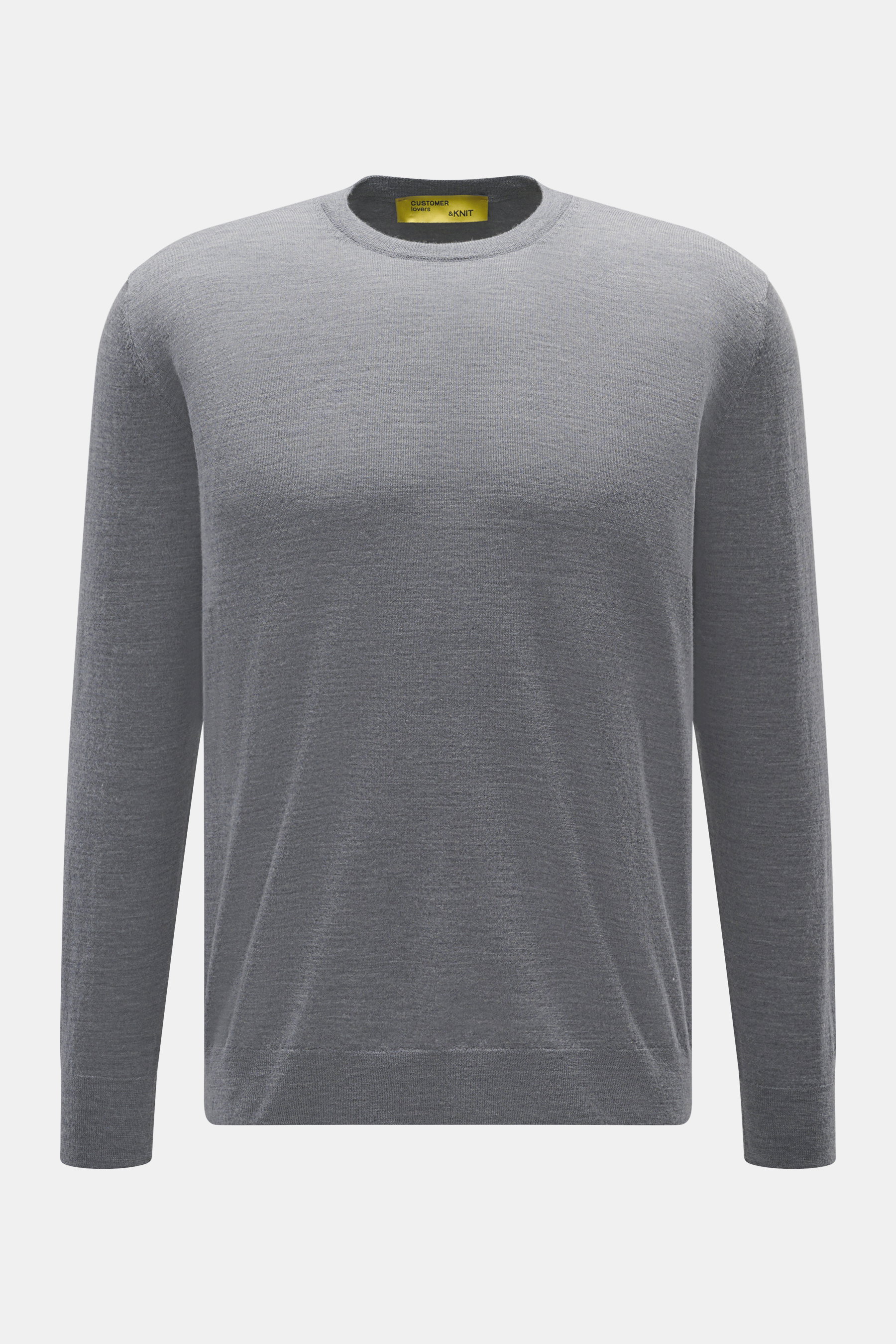 B.F. Knitwear Merino Rundhalspullover grau meliert, frontal fotografiert, reine Merinowolle, weicher Griff, feines Strickbild, Regular Fit, Rundhalsausschnitt, komfortable Rippstrick-Bündchen.