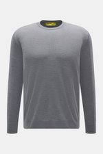 Front view of B.F. Knitwear Merino Crew Neck Sweater grey melange, made of pure merino wool, soft feel, fine knit pattern, regular fit, crew neckline, comfortable ribbed cuffs.