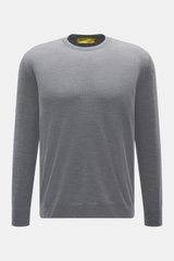 Front view of B.F. Knitwear Merino Crew Neck Sweater grey melange, made of pure merino wool, soft feel, fine knit pattern, regular fit, crew neckline, comfortable ribbed cuffs.