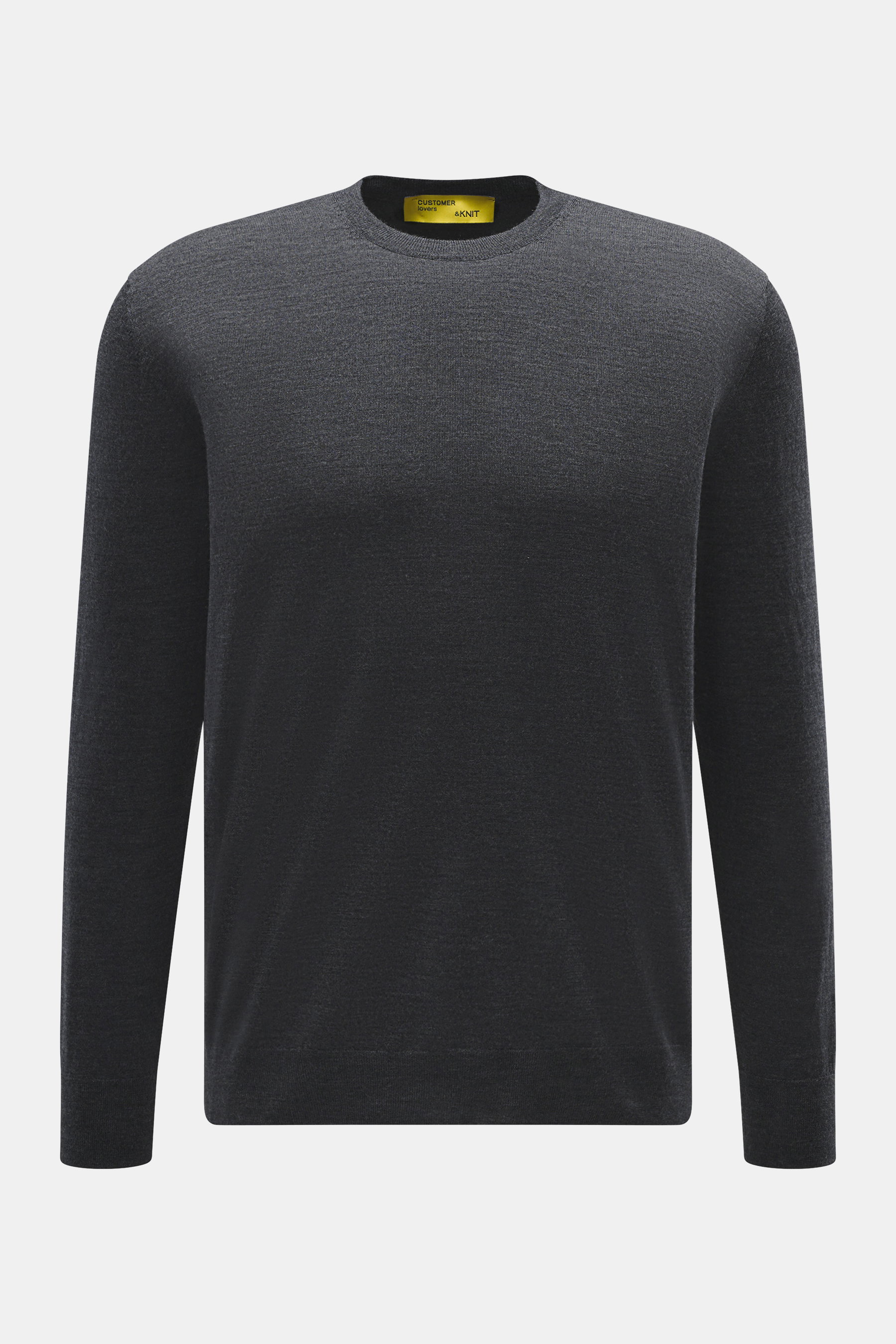 B.F. Knitwear Merino Rundhalspullover dunkelgrau meliert, Frontansicht, reine Merinowolle, weicher Griff, feines Strickbild, Regular Fit, Rundhalsausschnitt, Rippstrick-Bündchen
