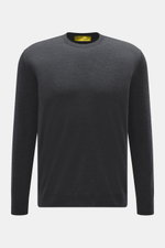 Front view of B.F. Knitwear Merino Crew Neck Sweater dark grey melange in pure merino wool with soft feel, fine knit pattern, regular fit, crew neckline, and comfortable ribbed cuffs.
