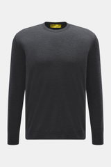 Front view of B.F. Knitwear Merino Crew Neck Sweater dark grey melange in pure merino wool with soft feel, fine knit pattern, regular fit, crew neckline, and comfortable ribbed cuffs.