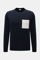 Front view of 04651/ A trip in a bag Crew neck sweater 'Wintercotton Pocket Crew' navy, slim fit with a medium-fine knit pattern, crew neckline, contrasting chest pocket, ribbed cuffs, soft blend of cotton and wool.