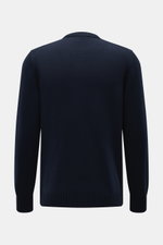 Back view of the 04651/ A trip in a bag Crew neck sweater 'Wintercotton Pocket Crew' navy, slim fit, medium-fine knit in cotton and wool blend with soft feel, ribbed cuffs, crew neckline, and contrasting chest pocket.
