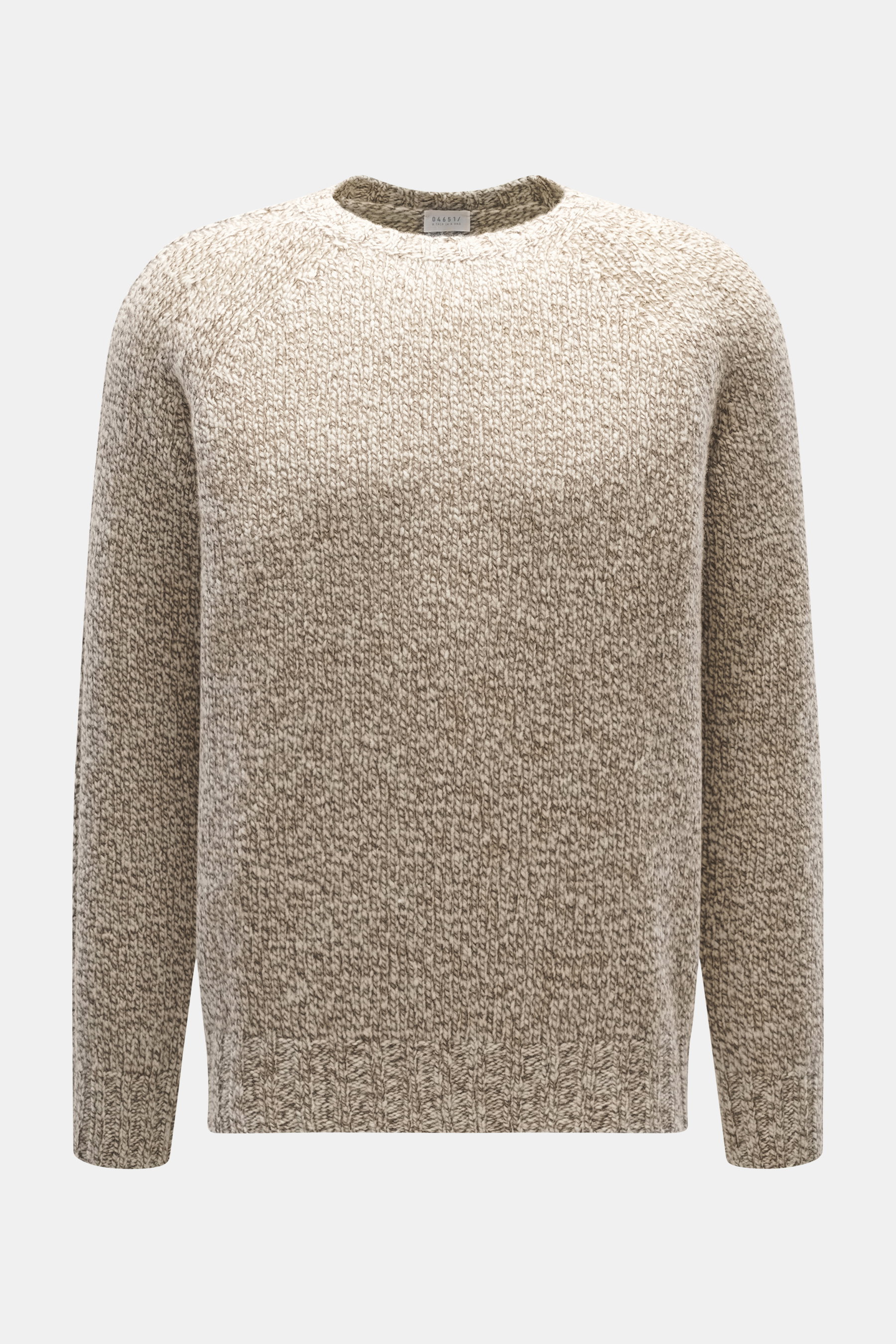 Front view of 04651/ A trip in a bag Crew neck sweater 'Donegal Cable Crew' cream/taupe melange, mix of virgin wool and cashmere, soft touch, classic cable knit pattern on sleeve, raglan sleeves, voluminous knit texture, regular fit, crew neckline, comfor