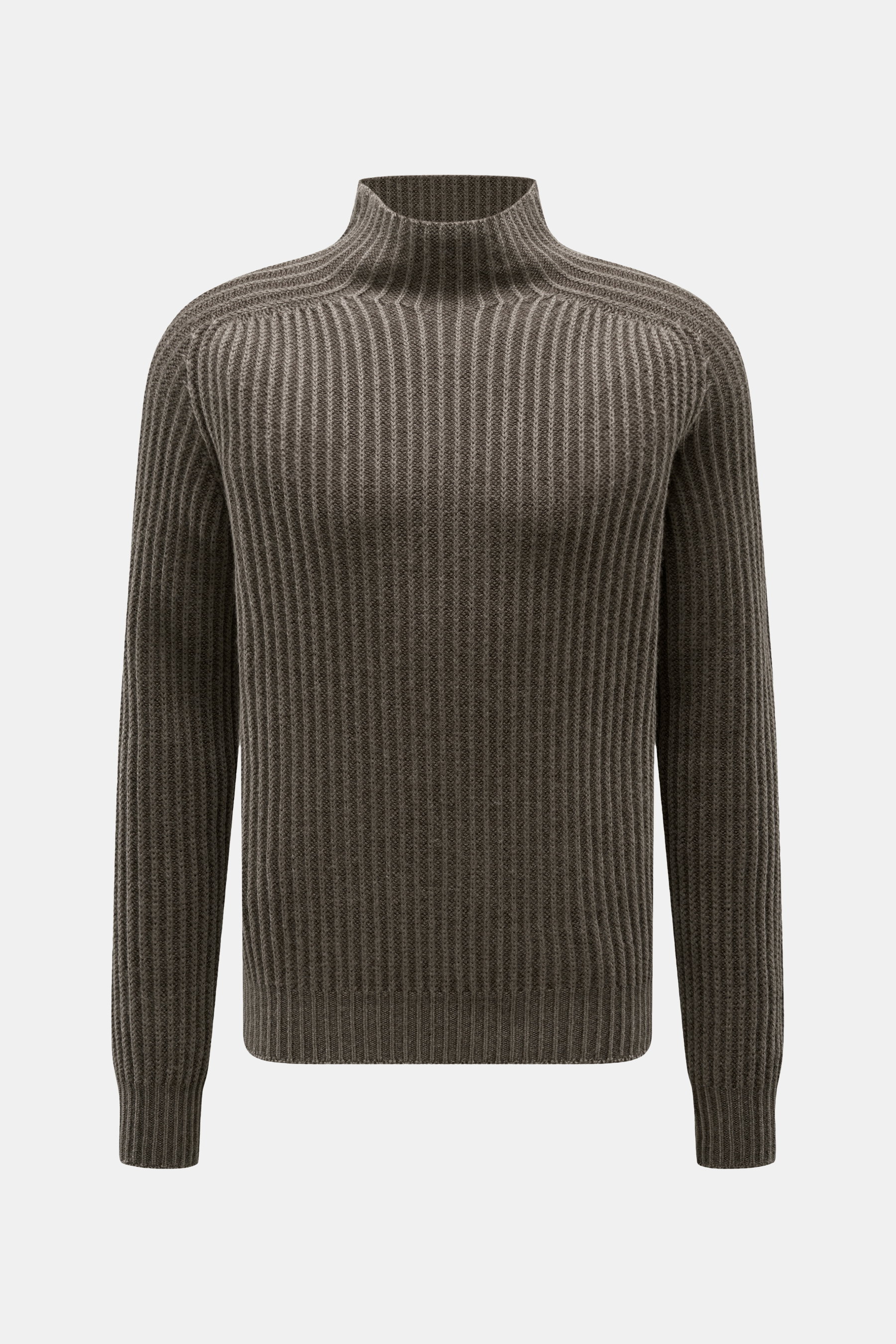 Frontansicht des graubraunen 04651/ A trip in a bag Mock Neck Pullover 'Foggy' aus reiner Schurwolle mit Stehkragen, Slim Fit, Rippbündchen und Patent-Strickmuster.
