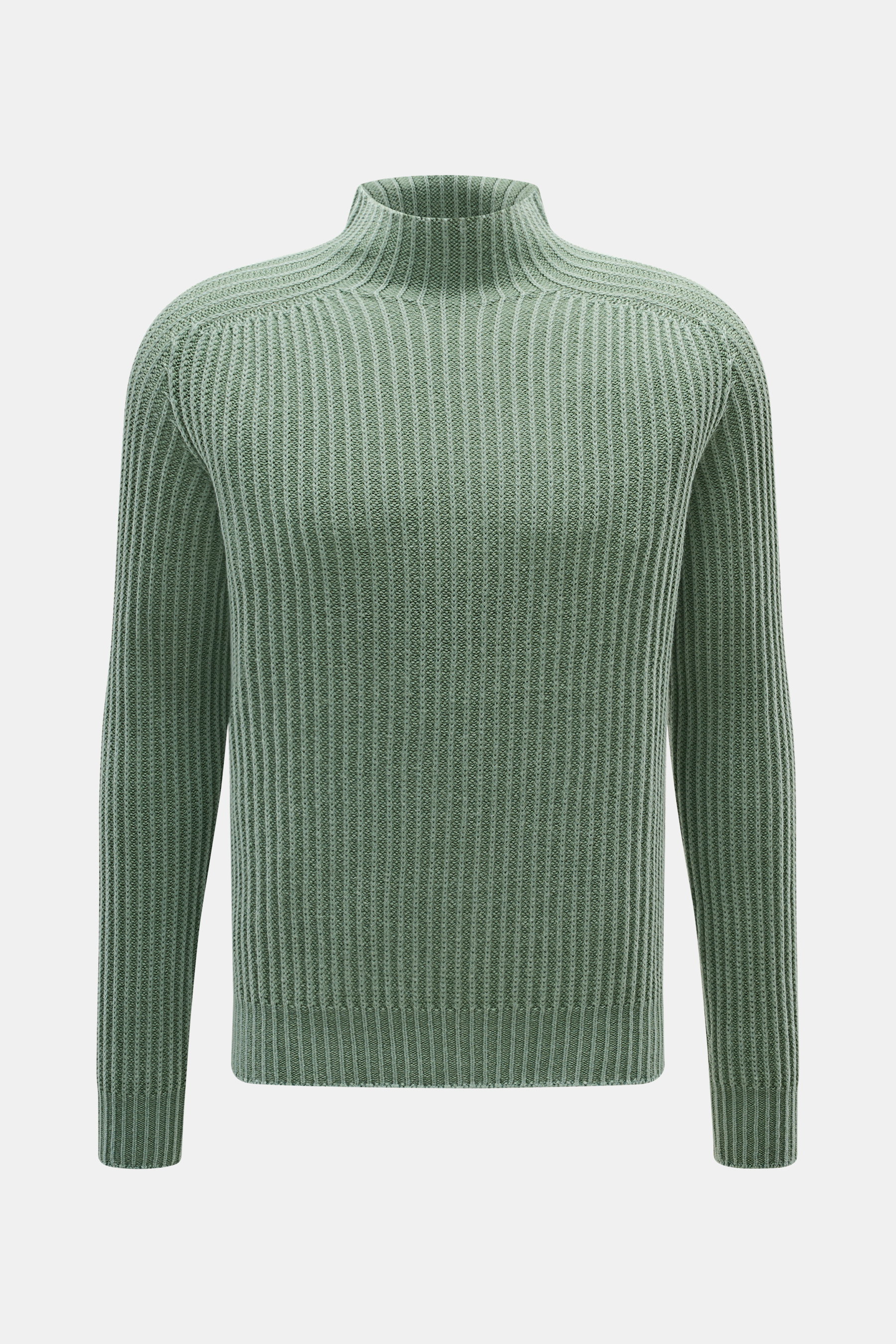 04651/ A trip in a bag Mock Neck Pullover 'Foggy' grün, frontale Nahaufnahme, mittelfeines Patent-Strickmuster, Stehkragen, Slim Fit aus reiner Schurwolle