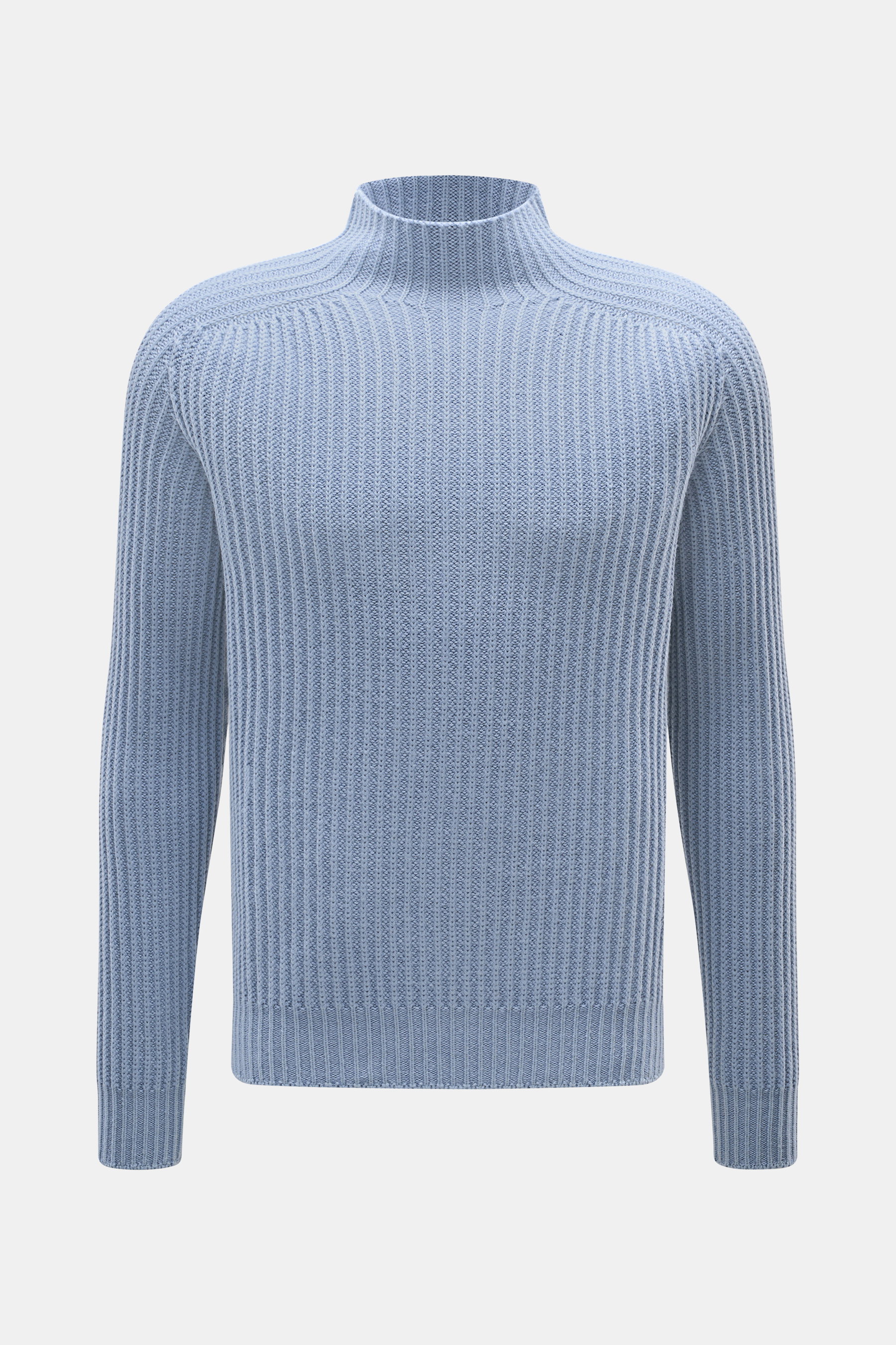04651/ A trip in a bag Mock Neck Pullover 'Foggy' rauchblau, Slim Fit, Stehkragen, Rippbündchen, reine Schurwolle, frontale Nahaufnahme.