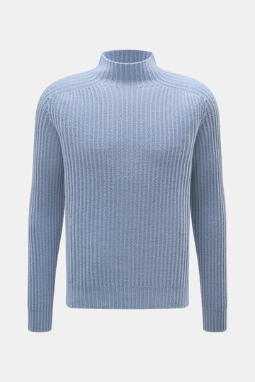 Front view of 04651/ A trip in a bag Mock neck pullover 'Foggy' smoky blue, a slim fit reversible pullover with a casual stand-up collar, medium-fine knit pattern, rib stitch pattern, and comfortable ribbed cuffs, made of pure new wool with a soft feel, g