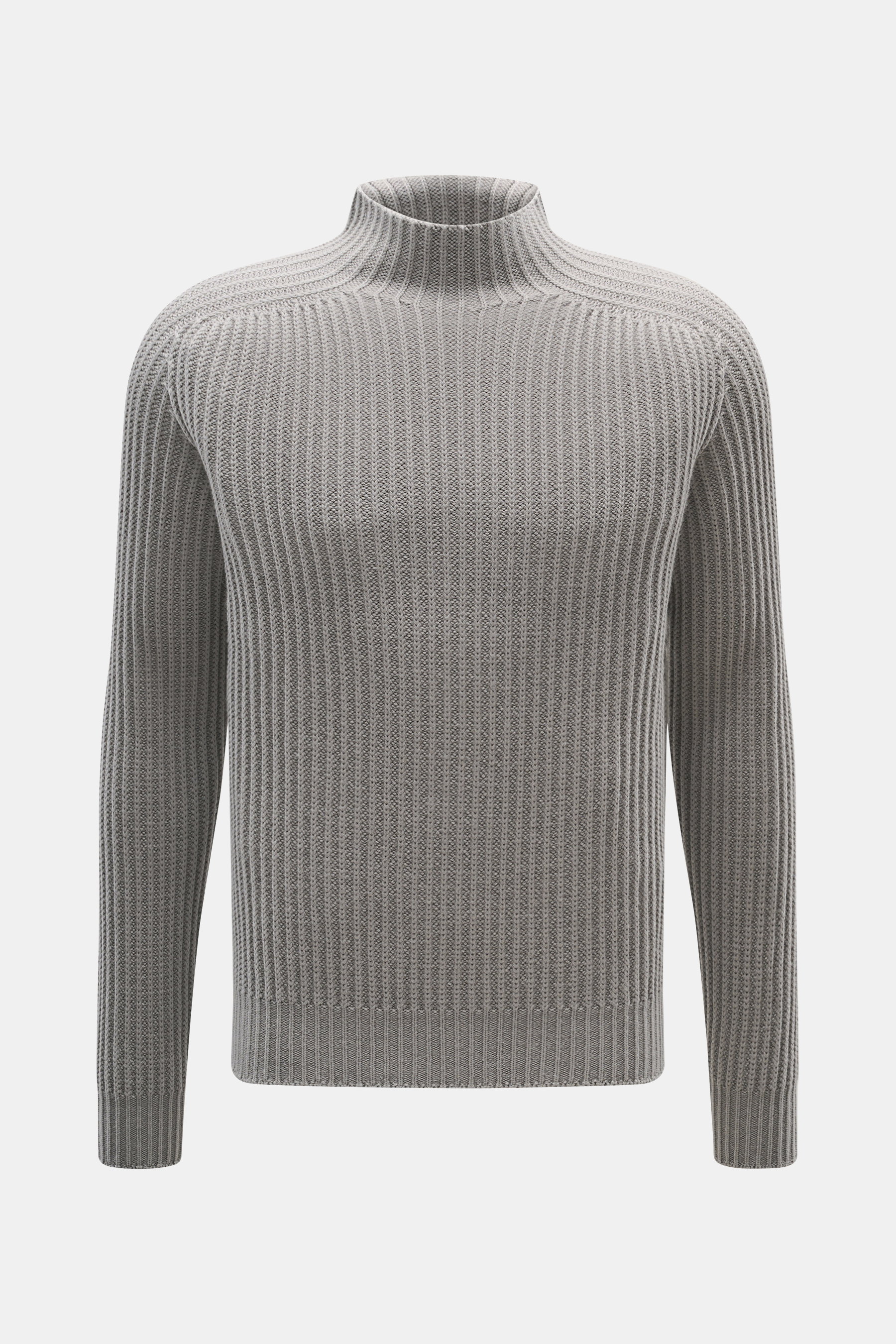04651/ A trip in a bag Mock Neck Pullover 'Foggy' grau, frontal fotografiert, Slim Fit, reine Schurwolle, Stehkragen, weicher Griff, Patent-Strickmuster, garment dyed