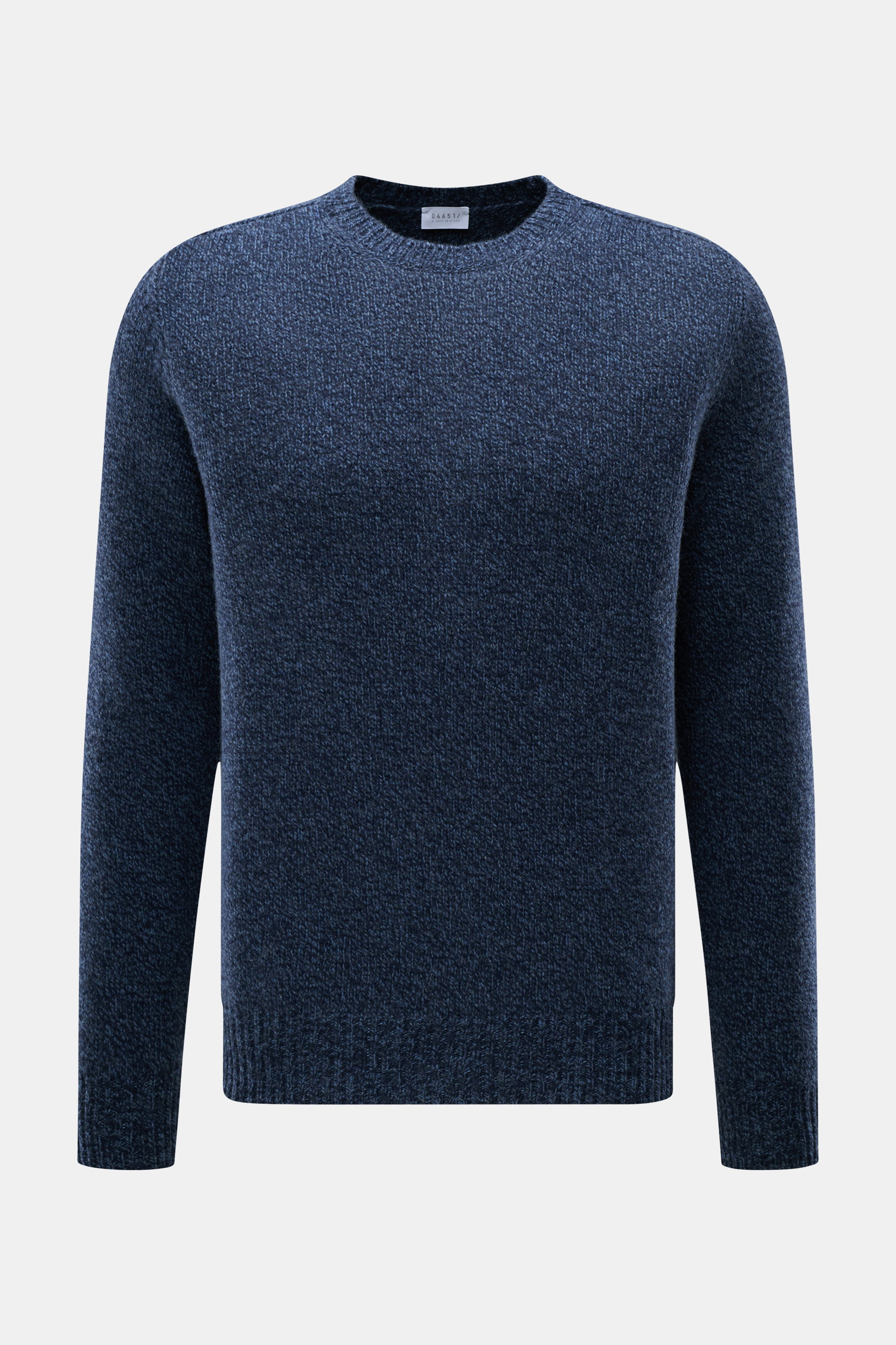 Front view of 04651/ A trip in a bag Crew Neck Sweater 'Mouline Crew' navy melange in slim fit, medium-fine knit, mouline look, soft touch, mix of virgin wool and cashmere, with crew neckline and flexible ribbed cuffs.