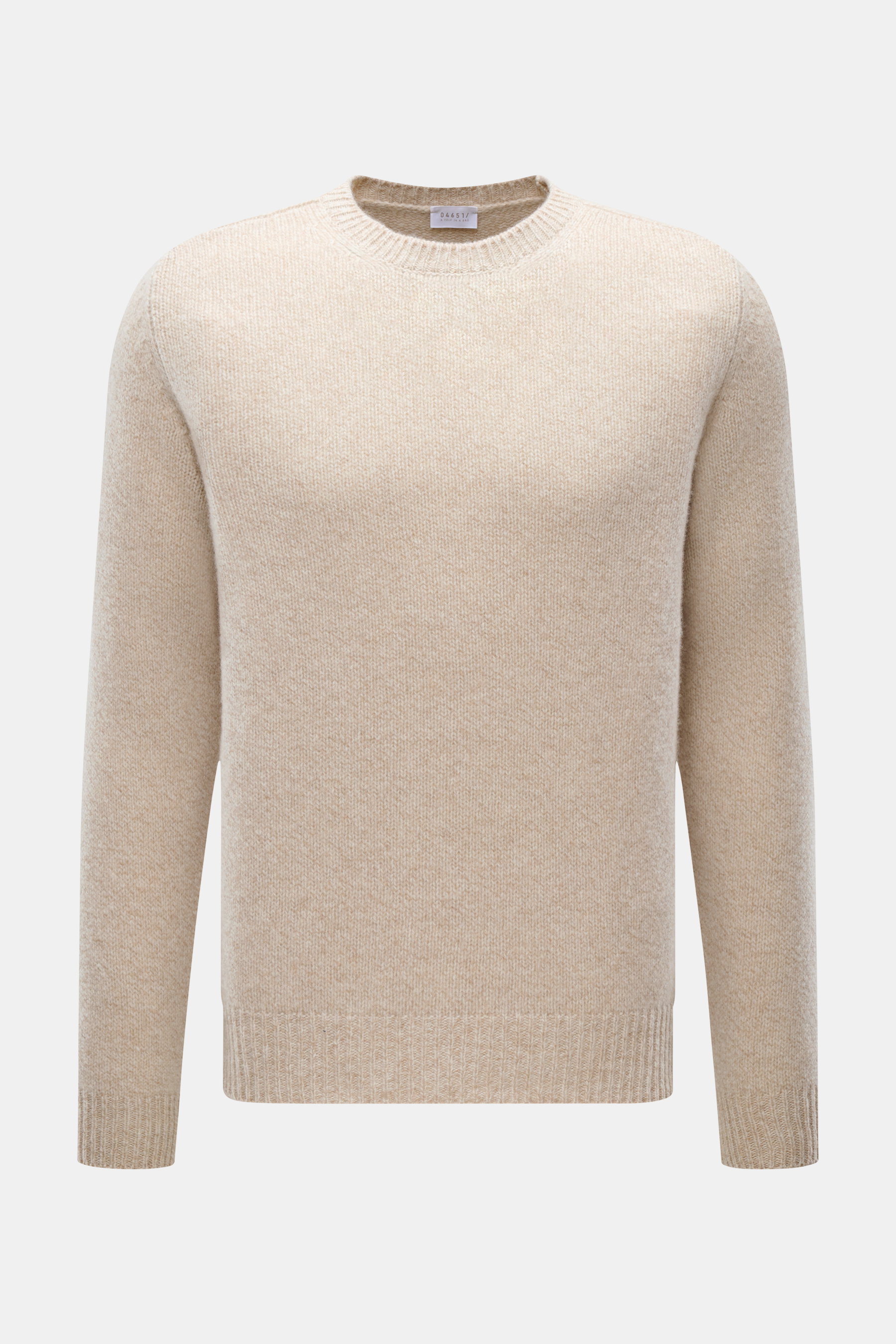 Front view of 04651/ A trip in a bag Crew Neck Sweater 'Mouline Crew' Beige Mélange, slim fit with medium-fine knit, soft feel, mouline look, mix of virgin wool and cashmere, crew neckline, flexible ribbed cuffs.