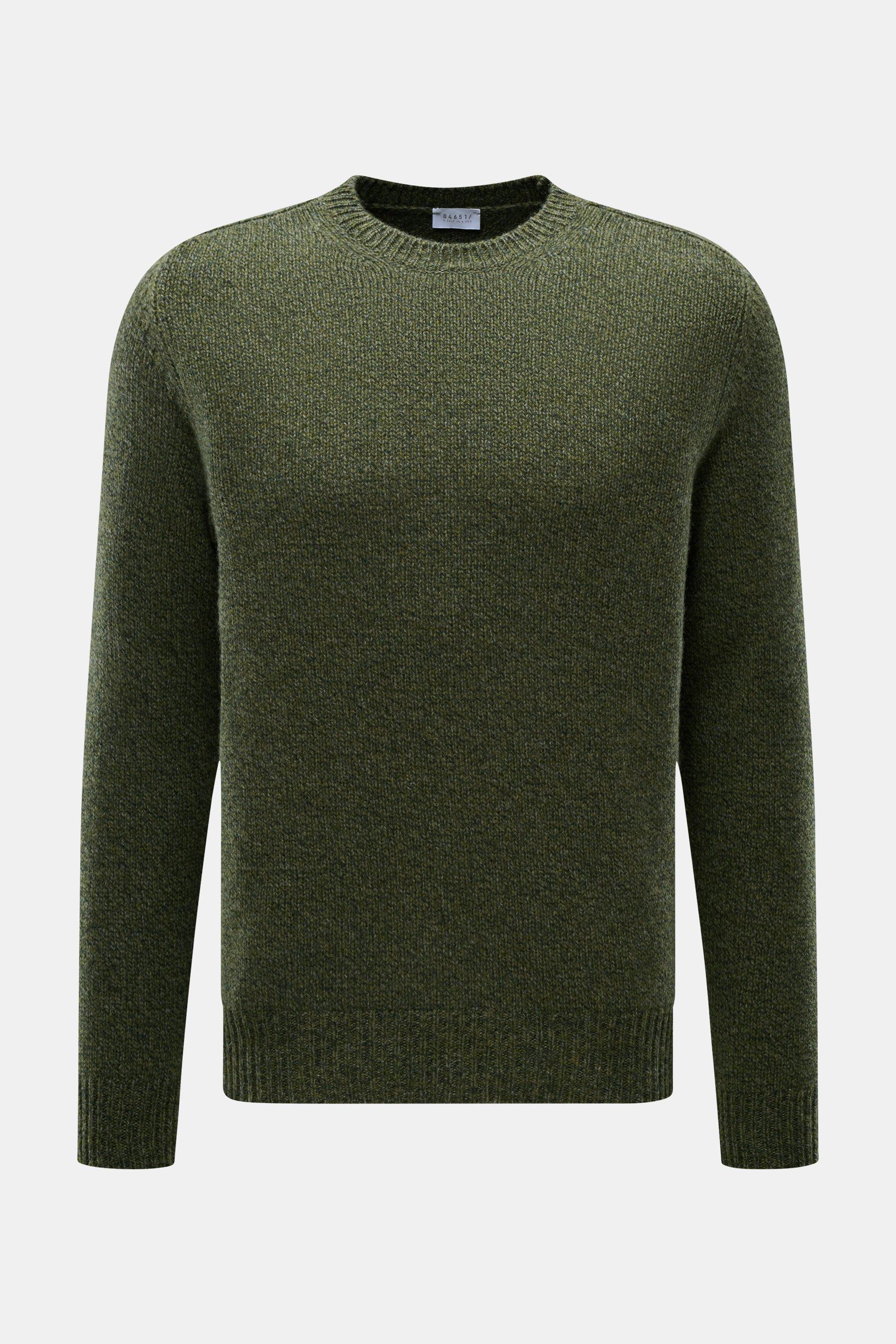 Front view of 04651/ A trip in a bag Crew Neck Sweater 'Mouline Crew' Dark Green Mélange, slim fit, medium-fine knit, mix of virgin wool and cashmere, mouline look, soft feel, crew neckline, flexible ribbed cuffs.