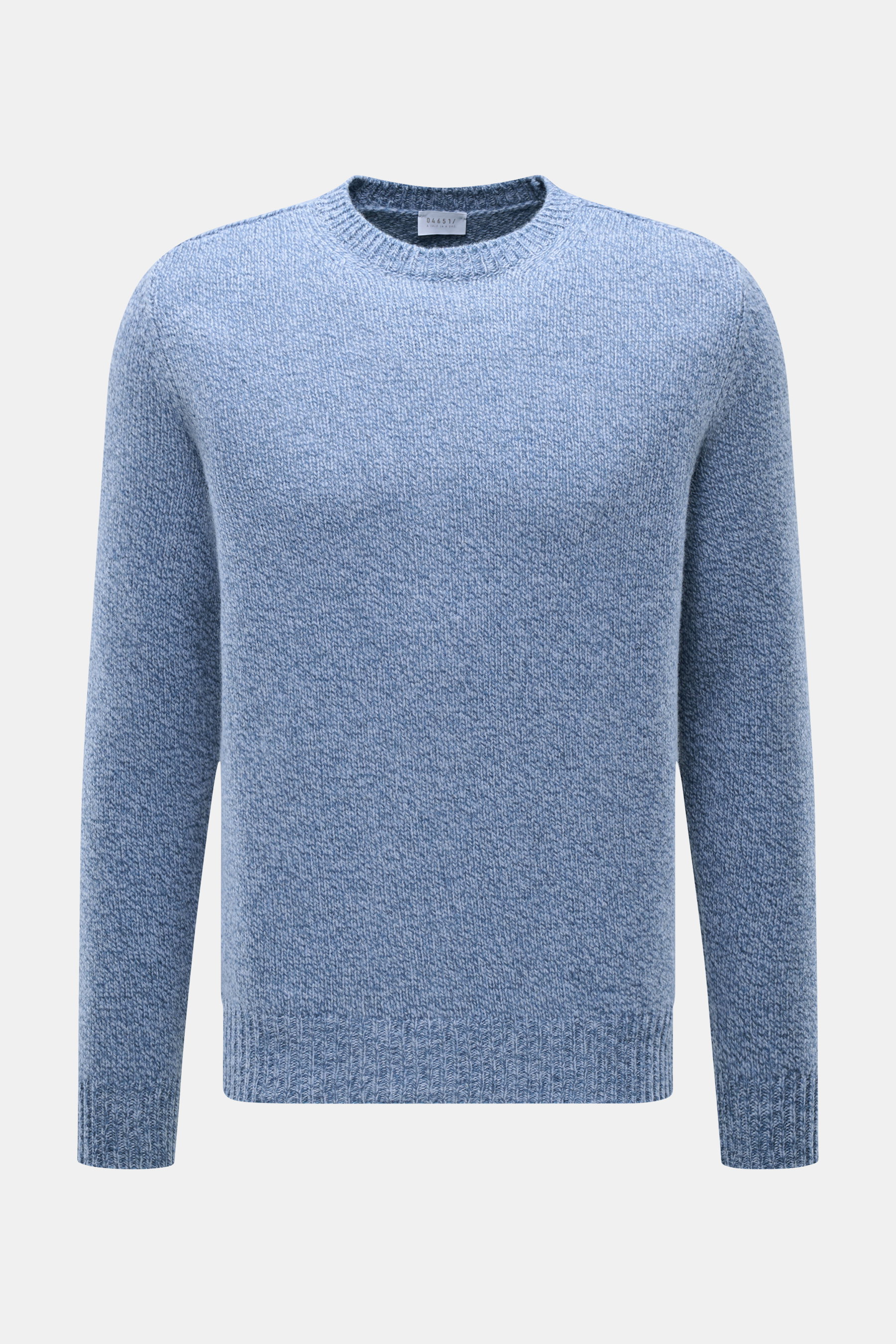 Front view of 04651/ A trip in a bag Crew Neck Sweater 'Mouline Crew' Smoky Blue Mélange, slim fit, mix of virgin wool and cashmere, mouline look, soft feel, medium-fine knit pattern, crew neckline, flexible ribbed cuffs.