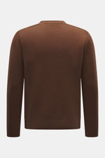 Rückansicht des 04651/ A trip in a bag Rundhalspullover braun aus Merinowolle-Cashmere mit Slim Fit, Rippbündchen und feinem Strickbild.