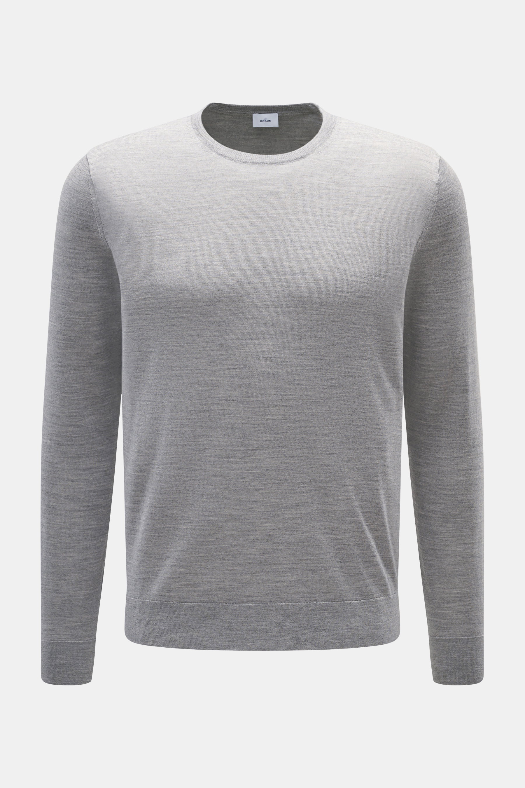 von Braun Merino Feinstrick-Rundhalspullover hellgrau, Slim Fit, aus weicher reiner Merinowolle, feines Strickbild, Rundhalsausschnitt, frontal fotografiert