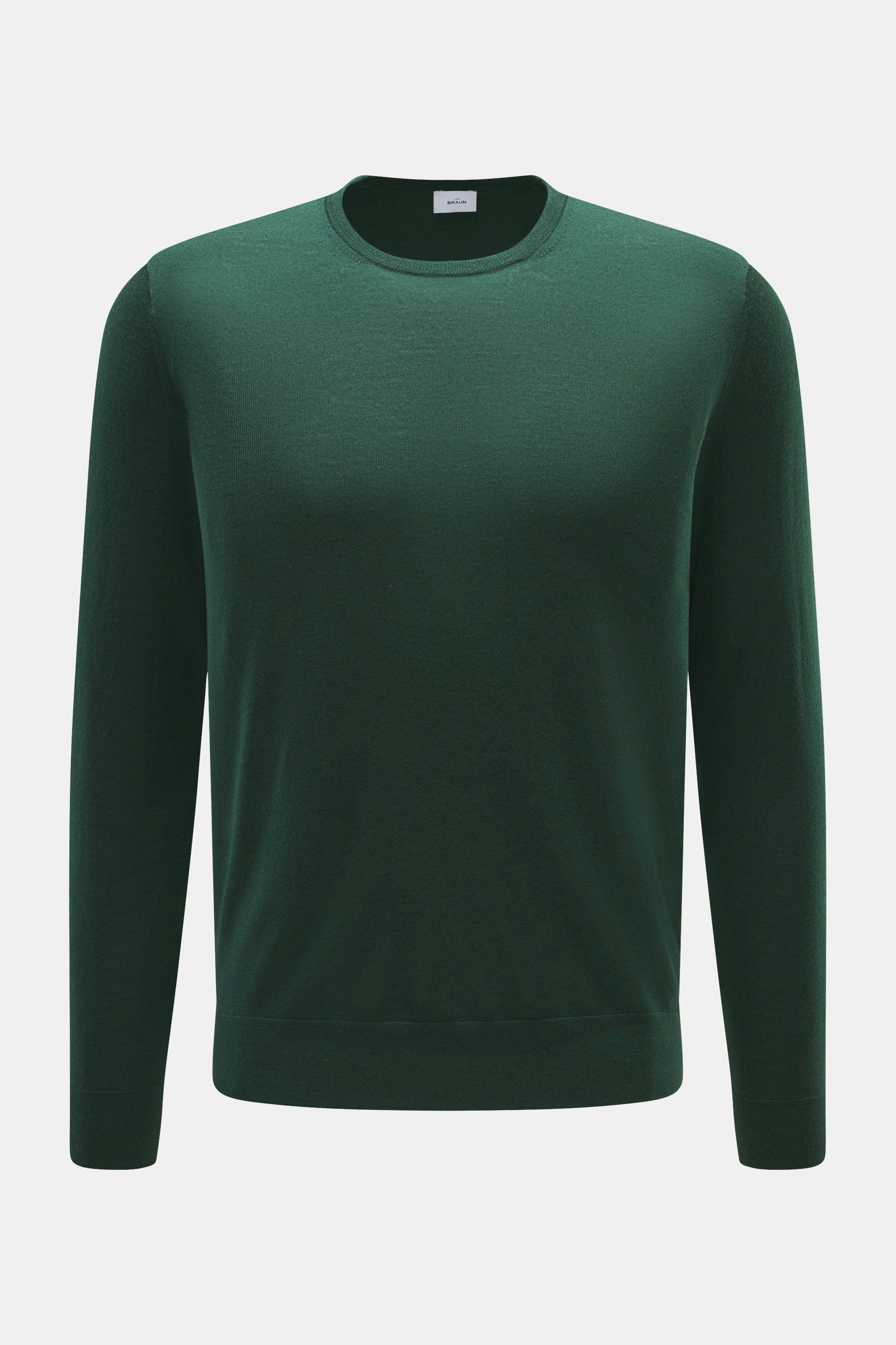 von Braun Merino Feinstrick-Rundhalspullover dunkelgrün, Slim Fit, aus reiner Merinowolle, feines Strickbild, Rundhalsausschnitt, elastische Rippbündchen, frontal fotografiert