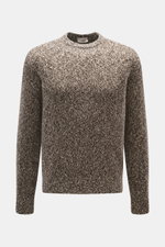 Agnona Crew neck sweater taupe/dark brown melange shown from the front, featuring a wool-cashmere blend, soft feel, medium-coarse knit, regular fit, crew neckline, ribbed cuffs, and small metal logo. Timeless elegance for autumn and winter.