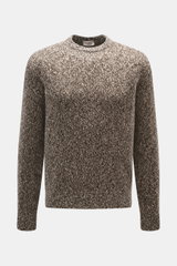 Agnona Crew neck sweater taupe/dark brown melange shown from the front, featuring a wool-cashmere blend, soft feel, medium-coarse knit, regular fit, crew neckline, ribbed cuffs, and small metal logo. Timeless elegance for autumn and winter.